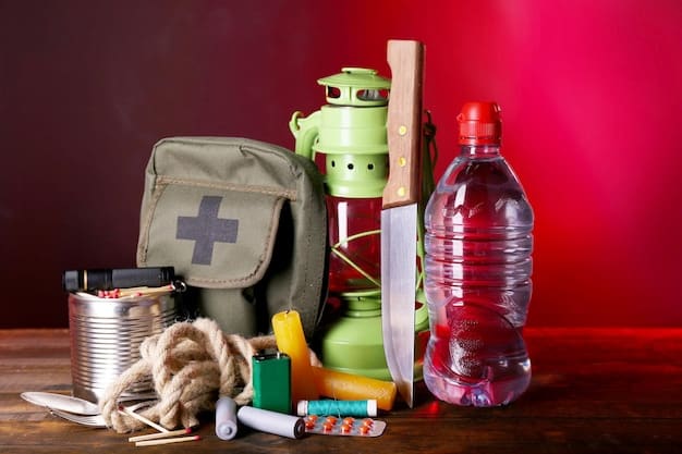A comprehensive emergency supply kit for a hurricane, including non-perishable food, bottled water, a first-aid kit, flashlight, radio, batteries, and other essential items, neatly organized in a waterproof container.
