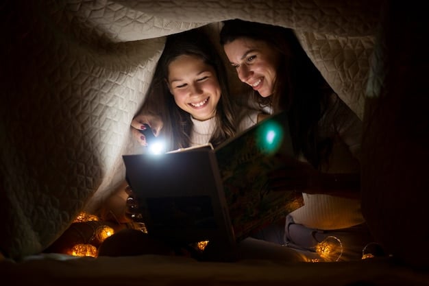 A family huddled together in a basement, illuminated by a battery-powered lantern. They are looking at a weather alert on a smartphone, showing a radar image of a tornado approaching. The image captures a moment of tension and preparedness.