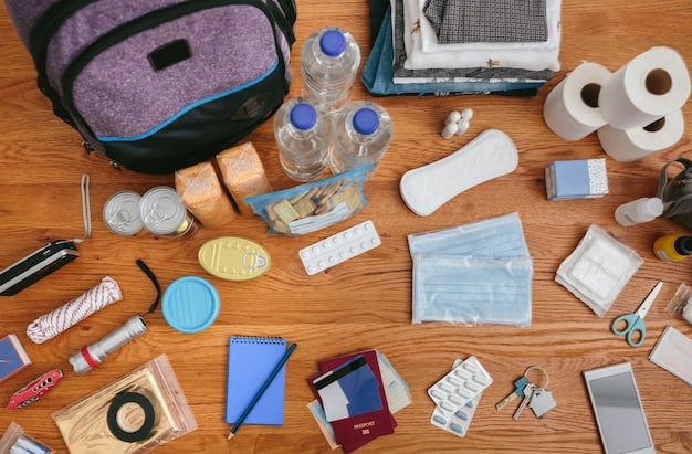 An organized emergency supply kit laid out on a table, showcasing essential items such as blankets, non-perishable food, a flashlight, batteries, and a first aid kit.