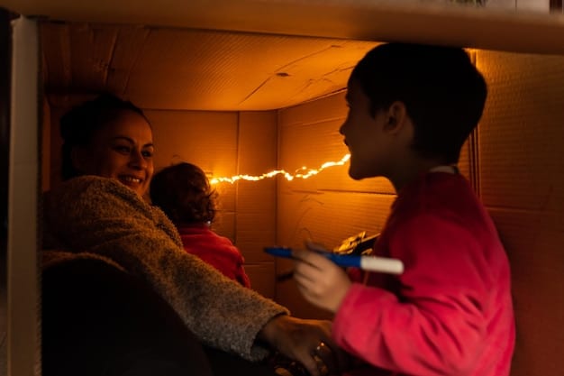 A family taking shelter in a basement during a tornado warning. They are covering their heads and staying away from windows, with emergency supplies nearby. The scene portrays a sense of urgency and preparedness.