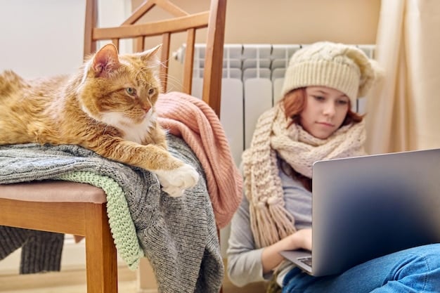 A cat wearing a small sweater, sitting next to a warm radiator. The scene is cozy and highlights the importance of keeping pets warm during cold weather.