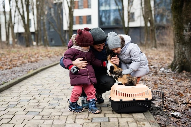 A family evacuating their home, with the father carrying a pet carrier containing a cat, and the mother leading a dog on a leash. The scene conveys the urgency of emergency evacuation during a storm.