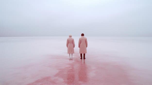 A surreal image depicting two figures standing back-to-back in a dimly lit room, with dreamlike landscapes merging into the walls around them. The figures appear both connected and isolated, with a sense of unease and mystery hanging in the air.