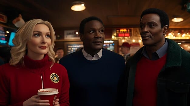 A diverse group of young people, visibly engaged and animated, discussing a superhero movie in a modern, brightly lit cafe. Their expressions suggest a mix of excitement and critical analysis.