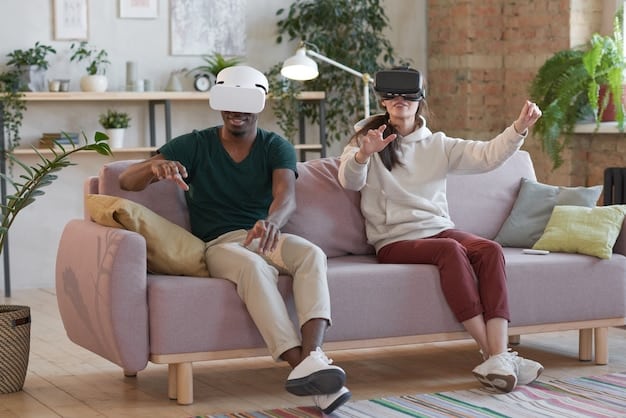 A person sitting on their couch, wearing a VR headset and using hand gestures to interact with a virtual music festival environment displayed in the headset. They are smiling and immersed in the experience.