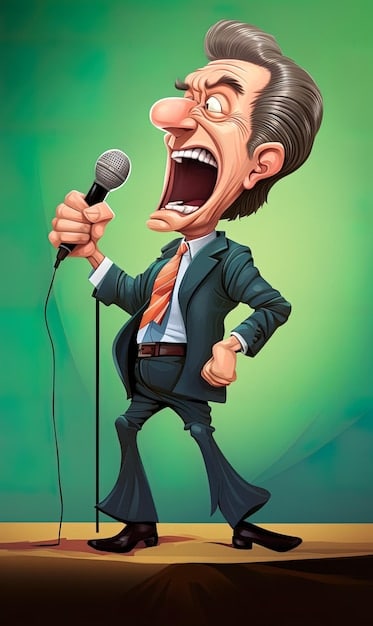 A cartoon-style drawing of a comedian standing behind a podium with a microphone, exaggeratedly sweating while delivering a political joke. The backdrop is a chaotic mix of political symbols.