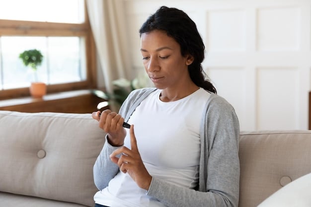 A person using a blood glucose meter to check their blood sugar level, emphasizing the importance of regular monitoring for diabetes prevention.