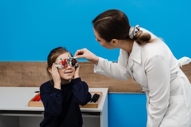 A happy child having their eyes examined by an eye doctor, surrounded by colorful and child-friendly equipment.