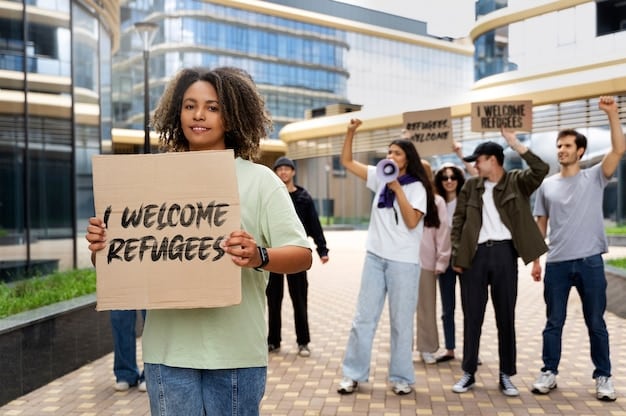 A diverse group of people standing together, some holding signs advocating for immigration reform. The backdrop includes iconic American landmarks, symbolizing the diverse backgrounds of immigrants in the US.