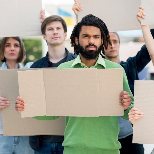 A protest scene with signs advocating for campaign finance reform, showing diverse groups of people calling for more transparency and less money in politics.
