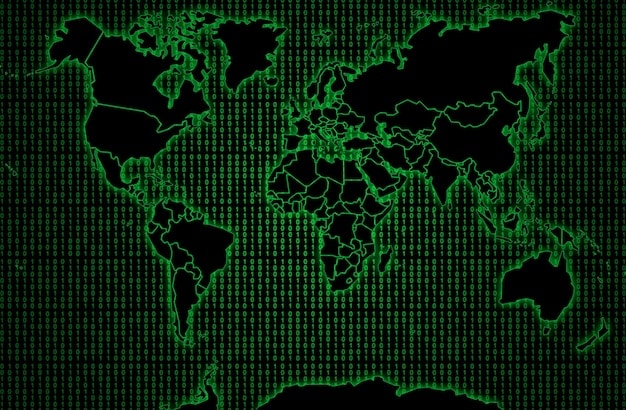 A binary code graphic overlaying a map of the United States, symbolizing data flow and the importance of securing digital infrastructure nationwide. The colors are predominantly green and black.