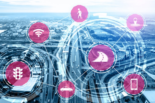 A stylized representation of interconnected nodes representing critical infrastructure sectors (energy, transportation, communication) with cybersecurity shields protecting each node. The color palette is dominated by shades of blue and orange.