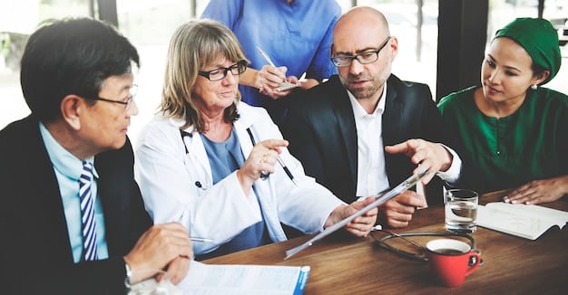 A diverse group of global health leaders and policymakers around a table, engaged in serious discussion, with world maps and data visualizations on screens, symbolizing international cooperation and strategic planning.