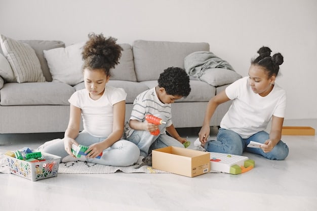 A group of diverse children playing happily with brightly colored, safe toys in a spacious, sunlit playroom. The toys are clearly well-designed and sturdy.