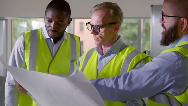 A diverse group of construction workers in hard hats and safety vests discussing blueprints on a construction site, symbolizing job creation.
