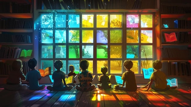 A group of excited children in a brightly lit school library, surrounded by modern bookshelves and digital learning tools, symbolizing enhanced learning environments and access to resources.