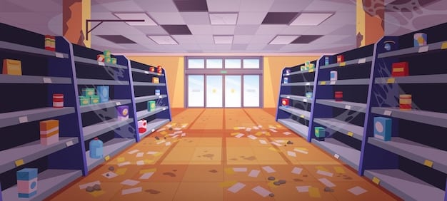 A chaotic scene at a retail store with empty shelves in the background and a 