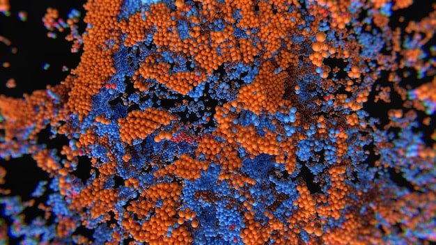 A detailed microscopic image of the measles virus particles, highlighting its complex structure and viral characteristics.
