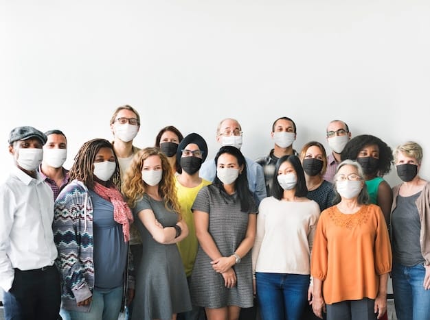 A diverse group of people from various age groups and backgrounds, some wearing masks, symbolizing community health and collective efforts to prevent disease spread.