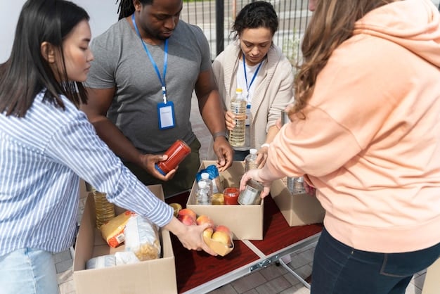 A group of diverse volunteers organized in a community center, sorting donations and preparing aid packages, symbolizing grassroots efforts and the coordination of relief.