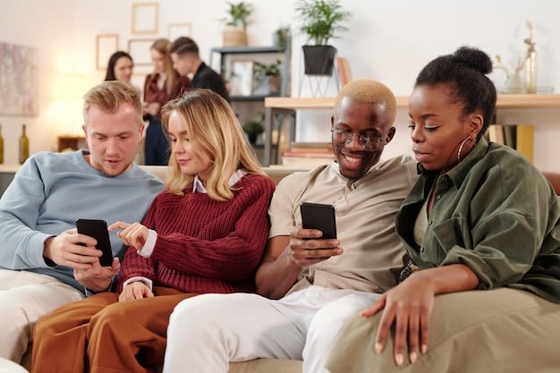 A diverse group of people, each on a separate device (smartphone, tablet, TV), watching different streaming services, symbolizing the fragmentation and diverse consumption habits in the current market.