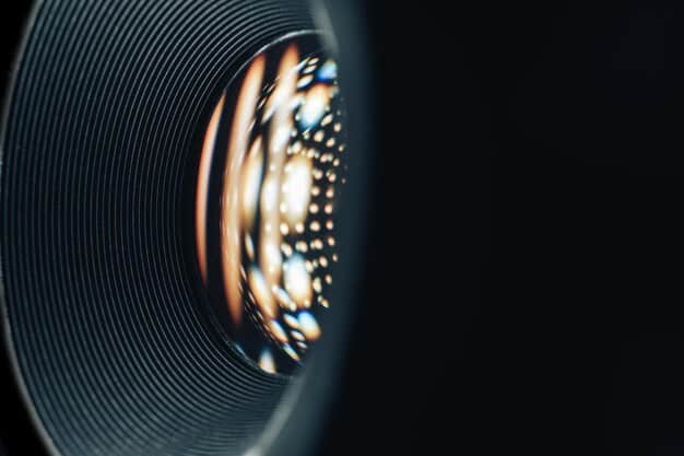 A close-up shot of a classic film projector lens casting a luminous beam onto a futuristic, circular screen, highlighting the blend of old and new in cinema.