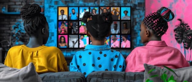 A diverse group of people from different backgrounds looking thoughtfully at a television screen showing a reality TV show, symbolizing diverse perspectives and the ongoing debate about representation.