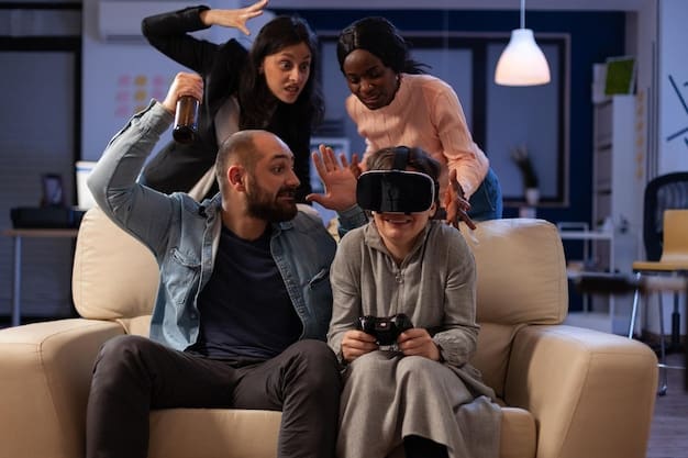 A group of diverse gamers in a brightly lit, modern living room, each wearing a sleek, wireless VR headset, gesturing naturally as if interacting with a shared virtual environment.
