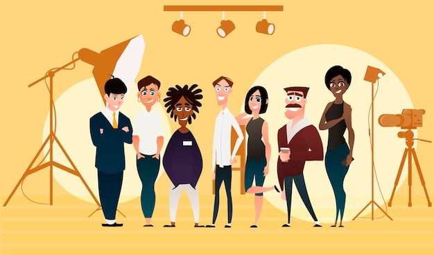 A stylized, dynamic portrait of a diverse group of filmmakers (director, cinematographer, screenwriter) on an indie ilm set, bathed in the soft glow of practical lights, deep in collaborative discussion, emphasizing creativity and passion.