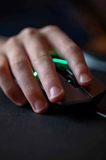 A detailed, close-up shot of a gamer's hand on a high-tech gaming mouse, with a blurred background showing multiple monitors displaying complex game interfaces and analytics, emphasizing precision and technology.