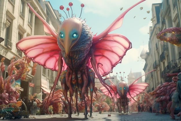 A dynamic, action-oriented illustration of fantastical animated creatures flying through a vibrant, futuristic cityscape, suggesting adventure and visually stunning sequences. The colors are bright and inviting, showcasing advanced animation techniques.