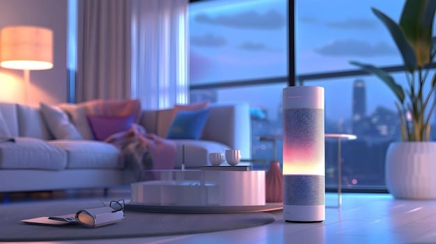 A futuristic living room with a smart speaker prominently displayed, surrounded by digital ambient lighting, suggesting a seamless integration of audiobooks into daily life and smart home ecosystems.