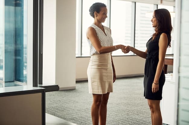 A successful Black female celebrity, dressed elegantly, shaking hands with a corporate executive on a brightly lit stage during a product launch event, symbolizing a lucrative brand deal. Behind them, a large screen displays the new product and brand logo.