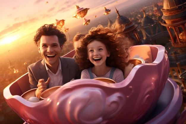 A family laughing joyfully as they ride on an immersive dark ride, surrounded by vibrant 3D projected elements and animatronics, showcasing advanced storytelling.