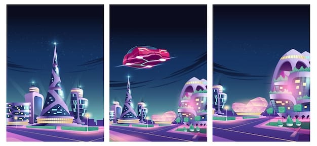 A detailed concept art showing a futuristic city-themed land within a theme park, bustling with diverse visitors and incorporating innovative architecture and green spaces, hinting at sustainable design.