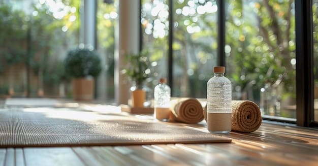 A serene setting with yoga mats and meditation cushions, bathed in natural light, suggesting a calm and inviting space for daily practice and self-reflection.
