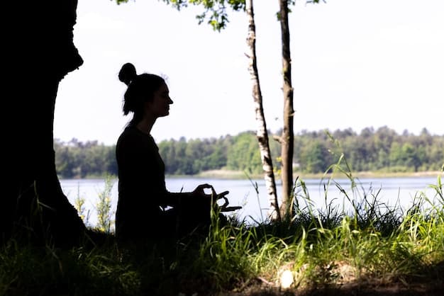 A person peacefully meditating outdoors, with a serene background, illustrating calm and stress reduction.