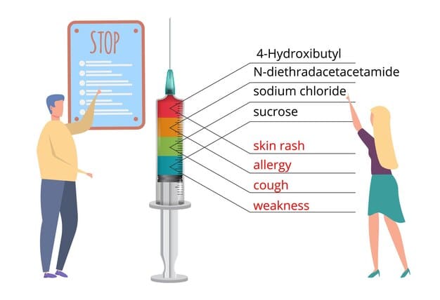 A detailed infographic illustrating the common side effects of vaccines (e.g., sore arm, mild fever, fatigue) with calming icons and text, emphasizing that these are normal immune responses and temporary.