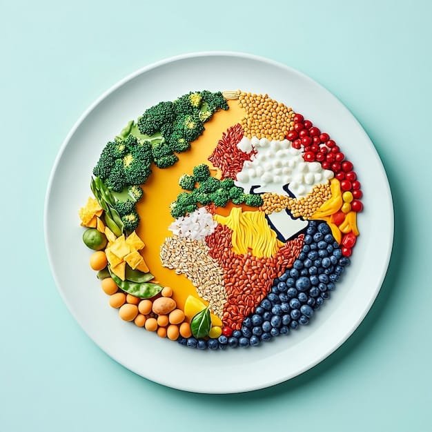 A balanced plate featuring a diverse selection of whole foods like fruits, vegetables, lean protein, and whole grains, symbolizing a healthy diet.