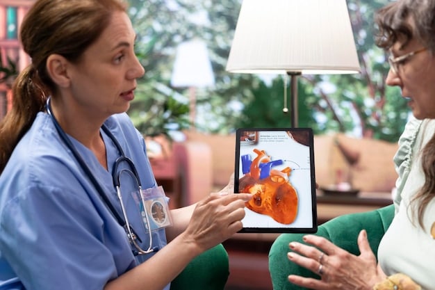 A doctor reviewing a patient's lipid panel results on a tablet, with a diagram of the human heart in the background, signifying a medical consultation about cardiovascular health.