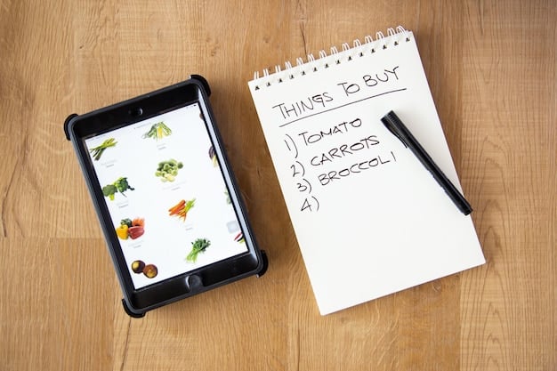 A detailed, clear meal plan written on a whiteboard with various meal categories and shopping list items, alongside healthy ingredients.