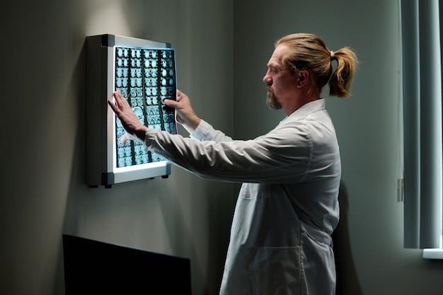 A radiologist examining digital mammogram images on multiple large, high-resolution screens in a dimly lit control room. The screens show intricate details of breast tissue.