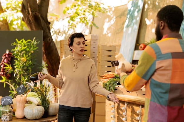 A person making conscious healthy food choices at a farmers' market, with a subtle biological illustration of DNA strands in the background, representing the power of lifestyle over genetic predispositions.