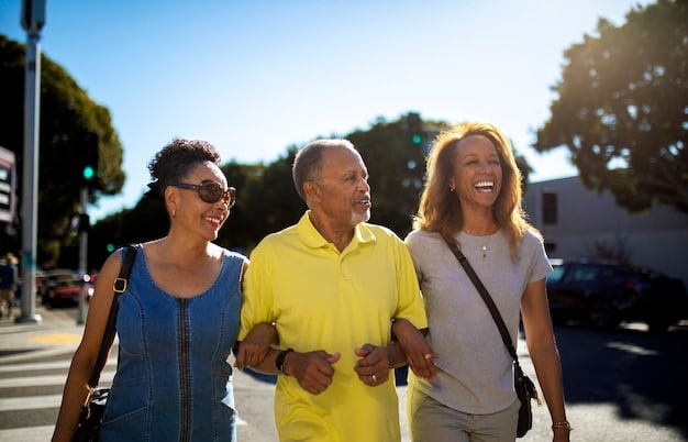 A diverse group of people of all ages enjoying a leisurely walk on a clearly marked nature trail, smiling and interacting, surrounded by tall trees and dappled sunlight, promoting a sense of community and outdoor activity.