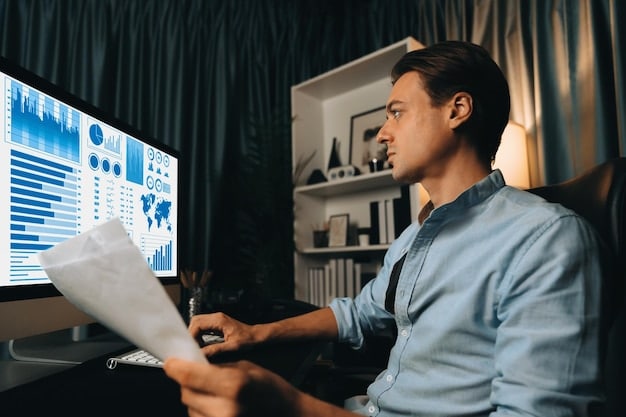 A visual representation of a business owner looking at multiple financial charts and graphs on a laptop, with a thought bubble above their head containing economic indicators like interest rate percentages and inflation arrows. The image should convey deep thought and analysis.