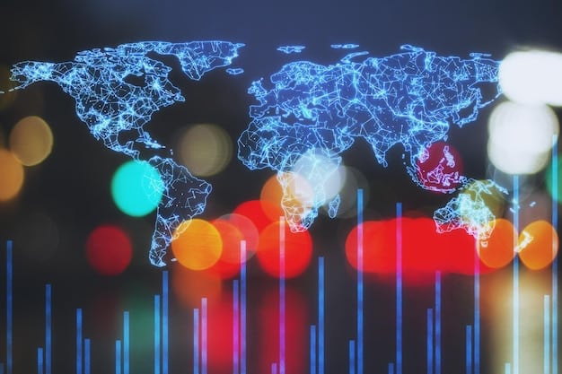 A digital dashboard showing global economic indicators, export data, and trend lines, with a blurred map of the world in the background, symbolizing data-driven decision-making in international trade.
