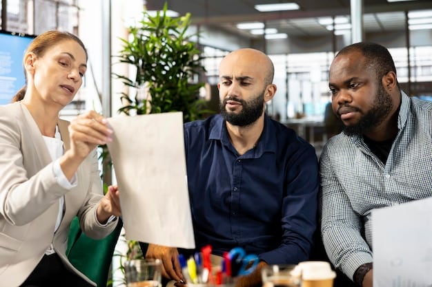 A diverse team of employees engaged in a collaborative brainstorming session, reflecting strong team dynamics and positive workplace culture.