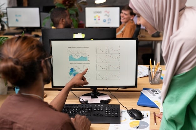 A diverse team of professionals collaboratively analyzing charts and data on multiple screens, representing strategic planning and operational efficiency in a modern office environment.