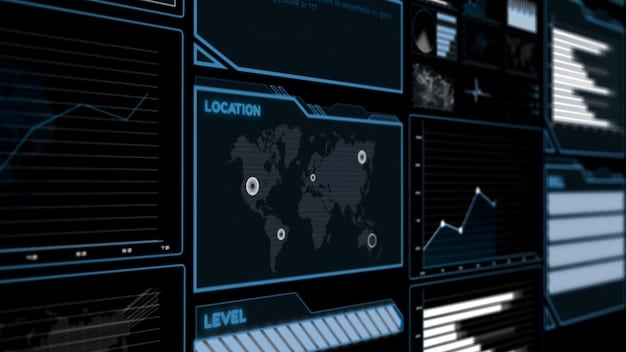 A cybersecurity dashboard showing AI detecting and neutralizing threats in real-time, with intricate network diagrams and data encryption symbols.