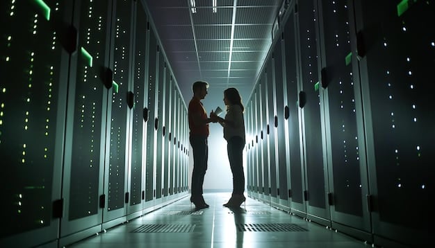 Cybersecurity professionals collaborating in a secure data center, with servers and glowing network connections in the background, symbolizing data protection and regulatory compliance.